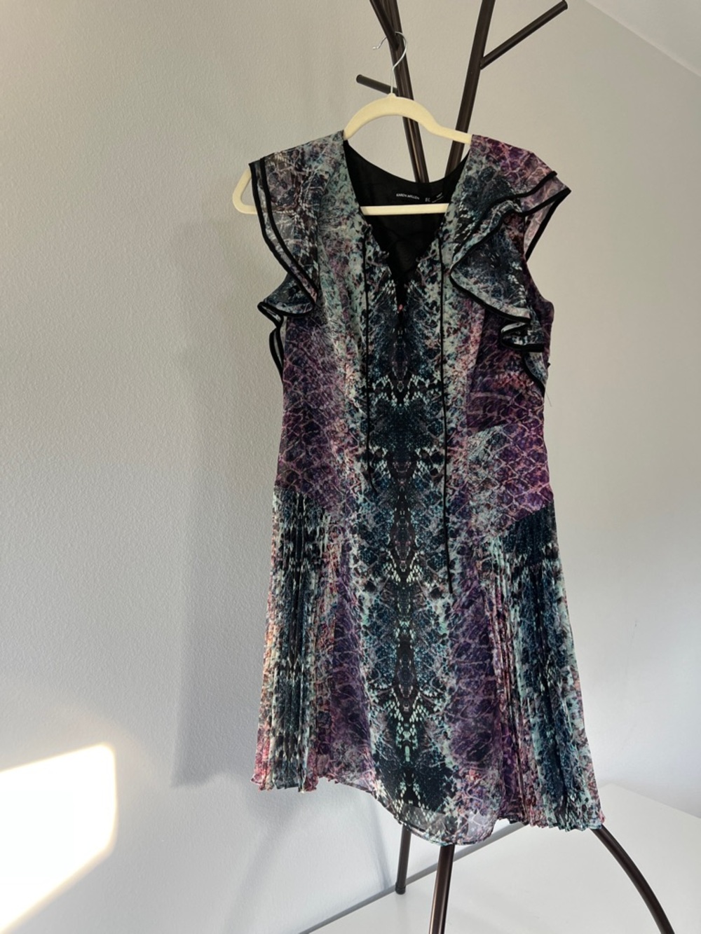 Karen Millen Purple and Teal Printed Ruffle-Trim Mini Dress